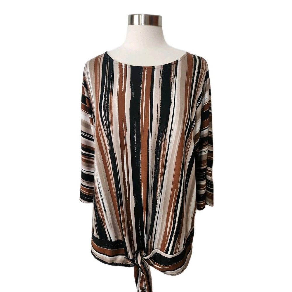 C EST. 1946 Women's Tunic Top 18/20W Brown Stripe 3/4 Sl Pullover Knot Hem